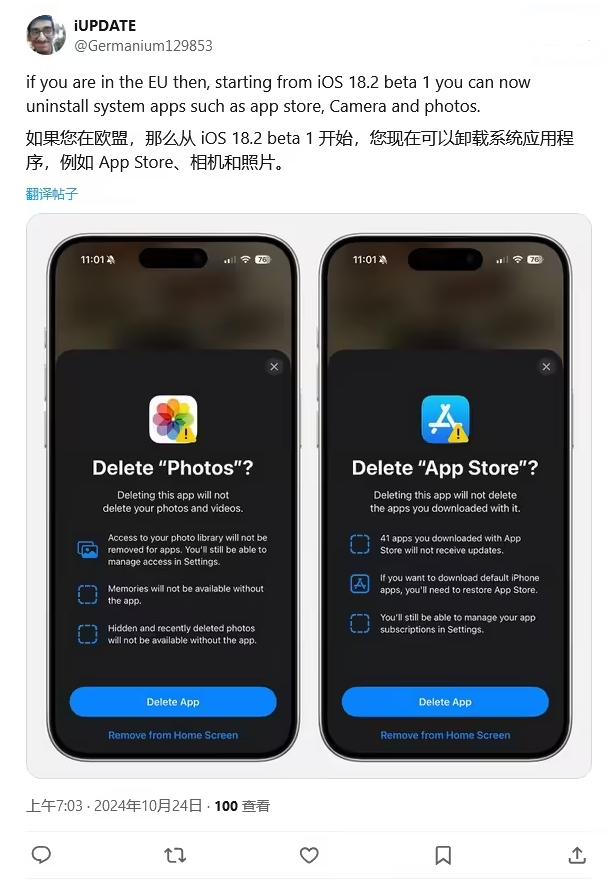 罗庄苹果手机维修分享iOS 18.2 支持删除 App Store 应用商店 