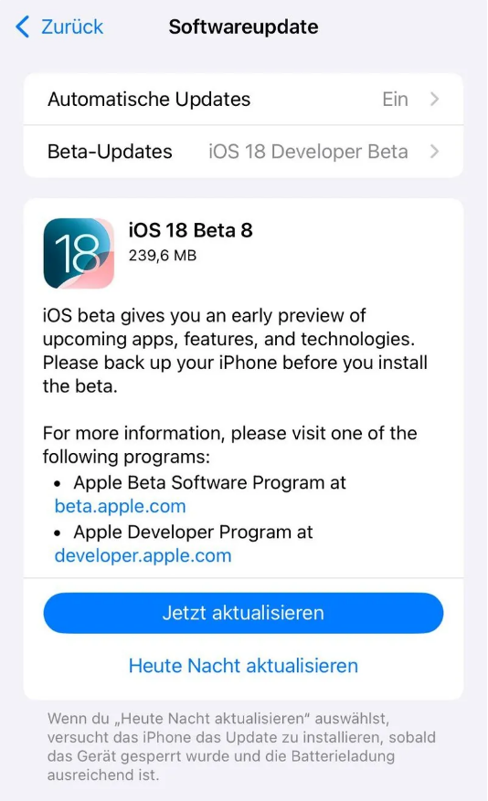 罗庄苹果手机维修分享苹果 iOS / iPadOS 18 开发者预览版 Beta 8 发布 